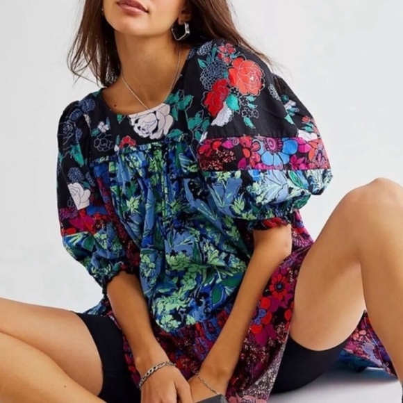 Free People Cotton Floral Print Loose Fit Mini Dress - Picture 10 of 10